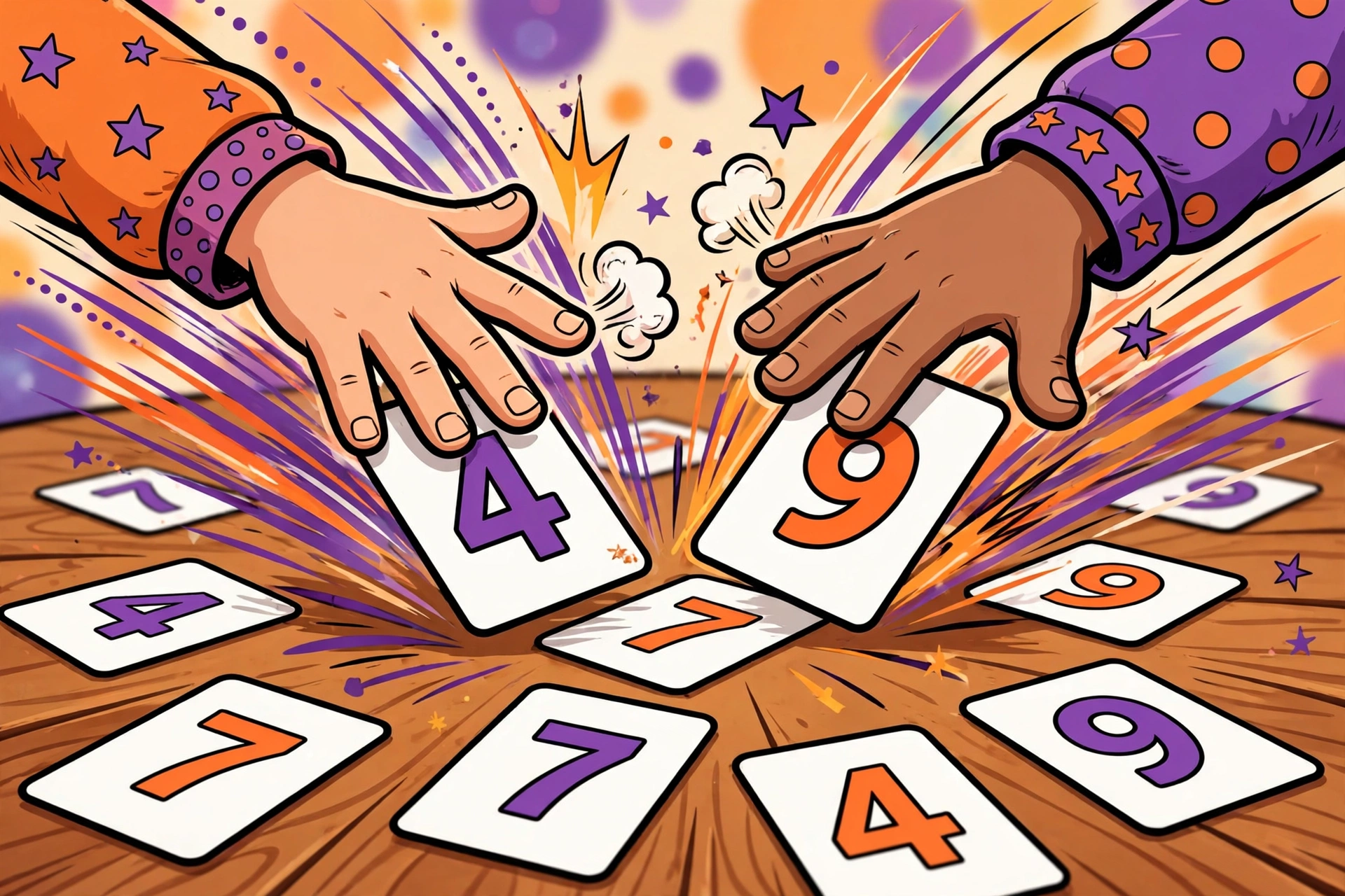 Kids playing a multiplication card game at the table