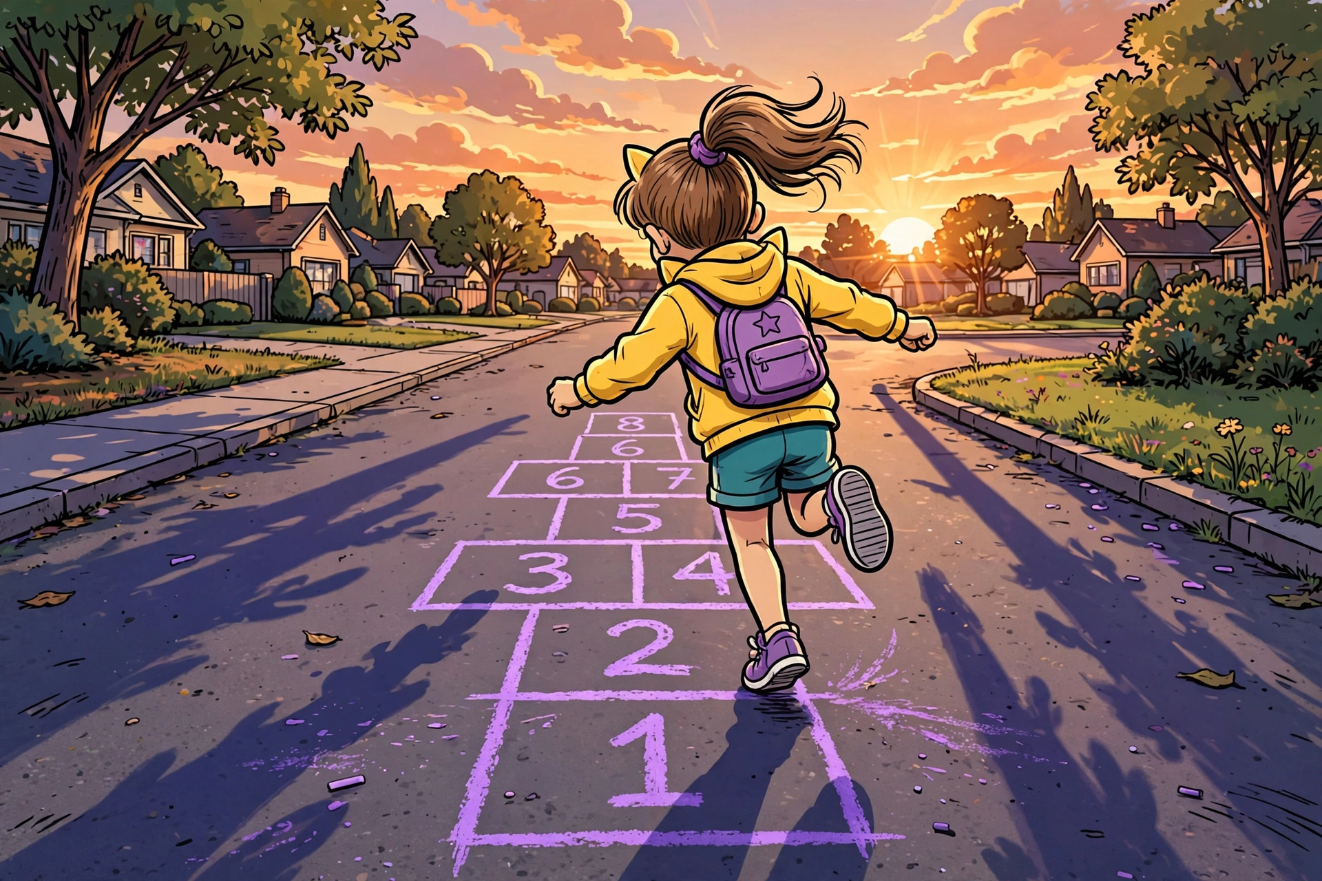 Child playing multiplication hopscotch with chalk numbers on the driveway