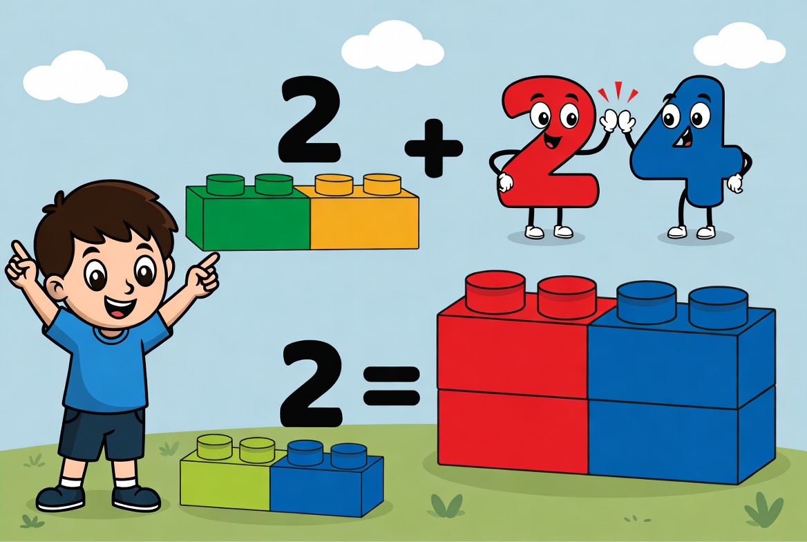 Happy child discovering how the 4 times table builds directly on the 2s using LEGO bricks