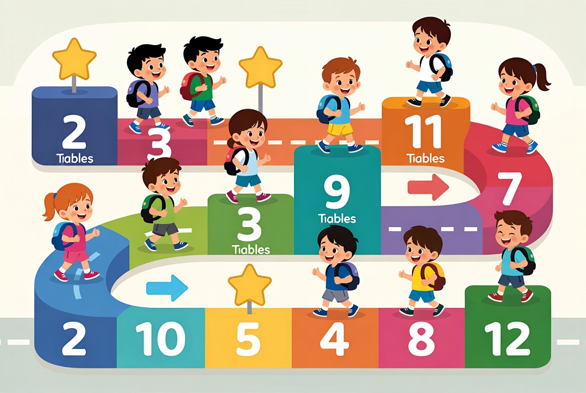 Colorful roadmap showing the smartest order to learn all times tables with happy kids walking the path