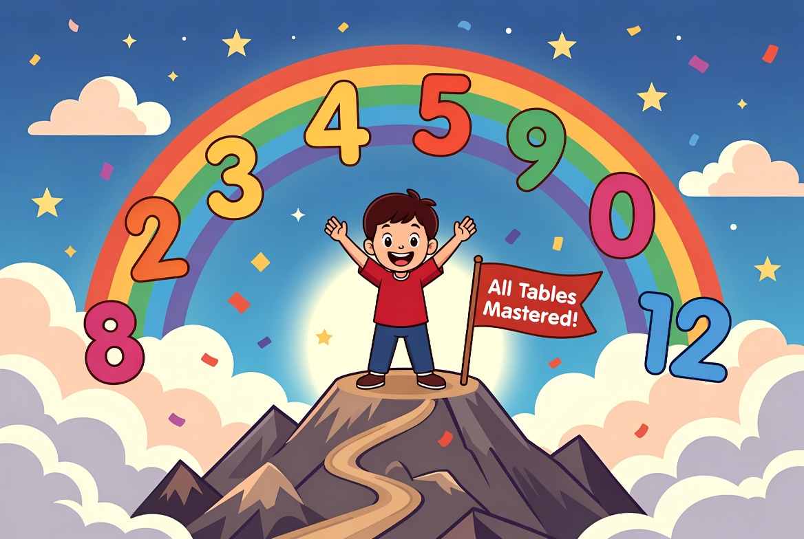 Proud child standing on top of a mountain with a flag saying All Tables Mastered and rainbow behind