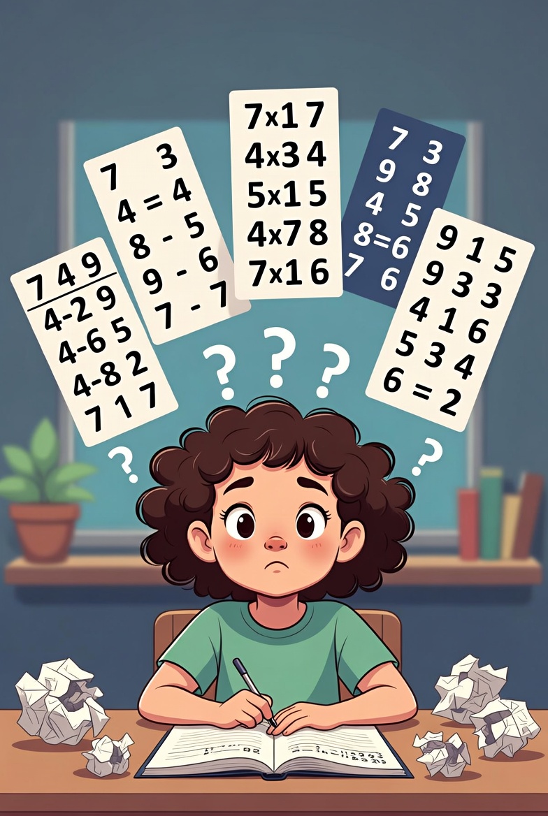 Frustrated girl surrounded by jumbled times tables facts in the wrong order