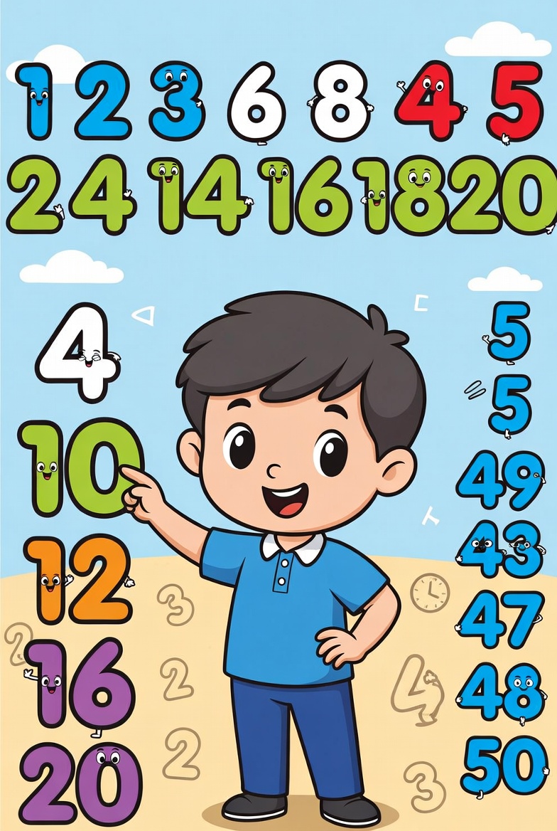 Confident boy easily skip-counting by 2s and 5s with smiling number characters