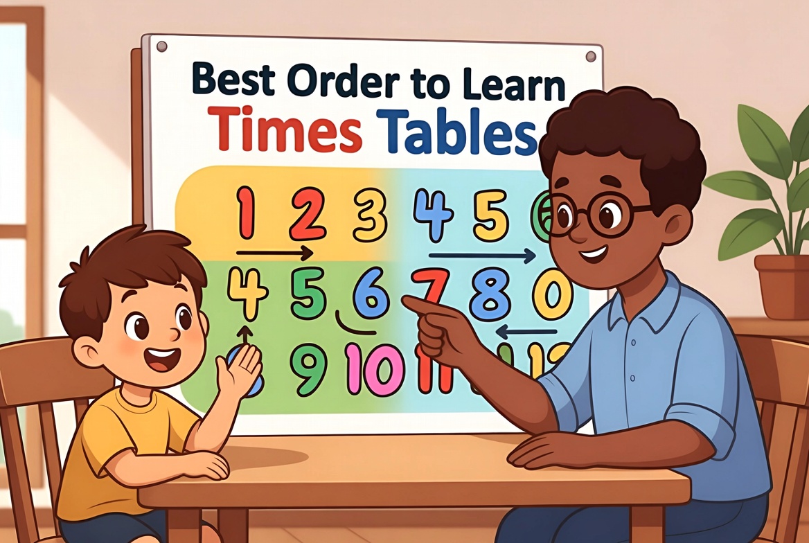 Parent and child excitedly studying the best order to learn times tables poster together