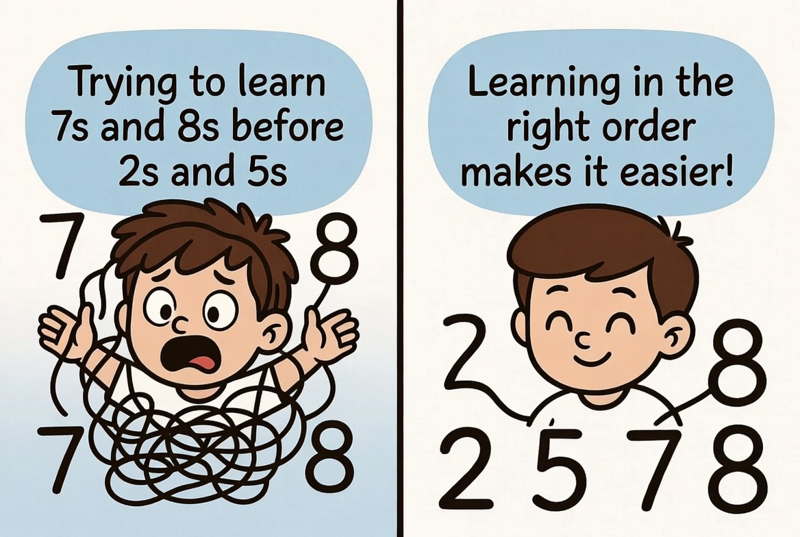 Split image showing a stressed child tangled in 7s and 8s before mastering 2s and 5s vs the same child happy and confident learning in the right order