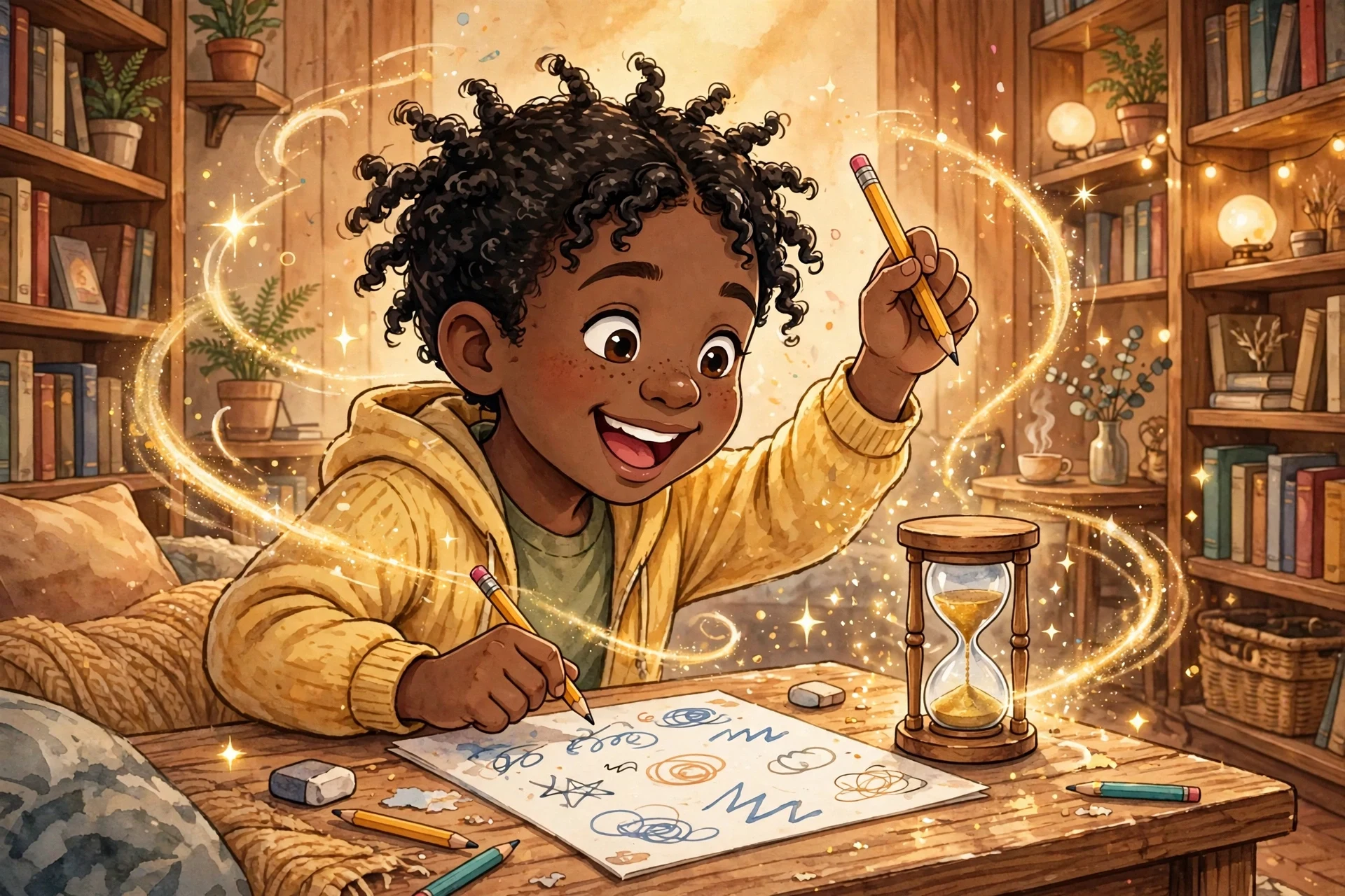 A child smiling while checking their own improved time on a practice sheet, beating a previous personal score