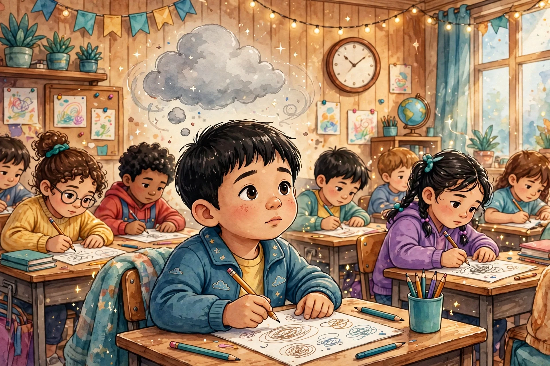 A child mid test staring at a multiplication problem with a confused, frozen expression
