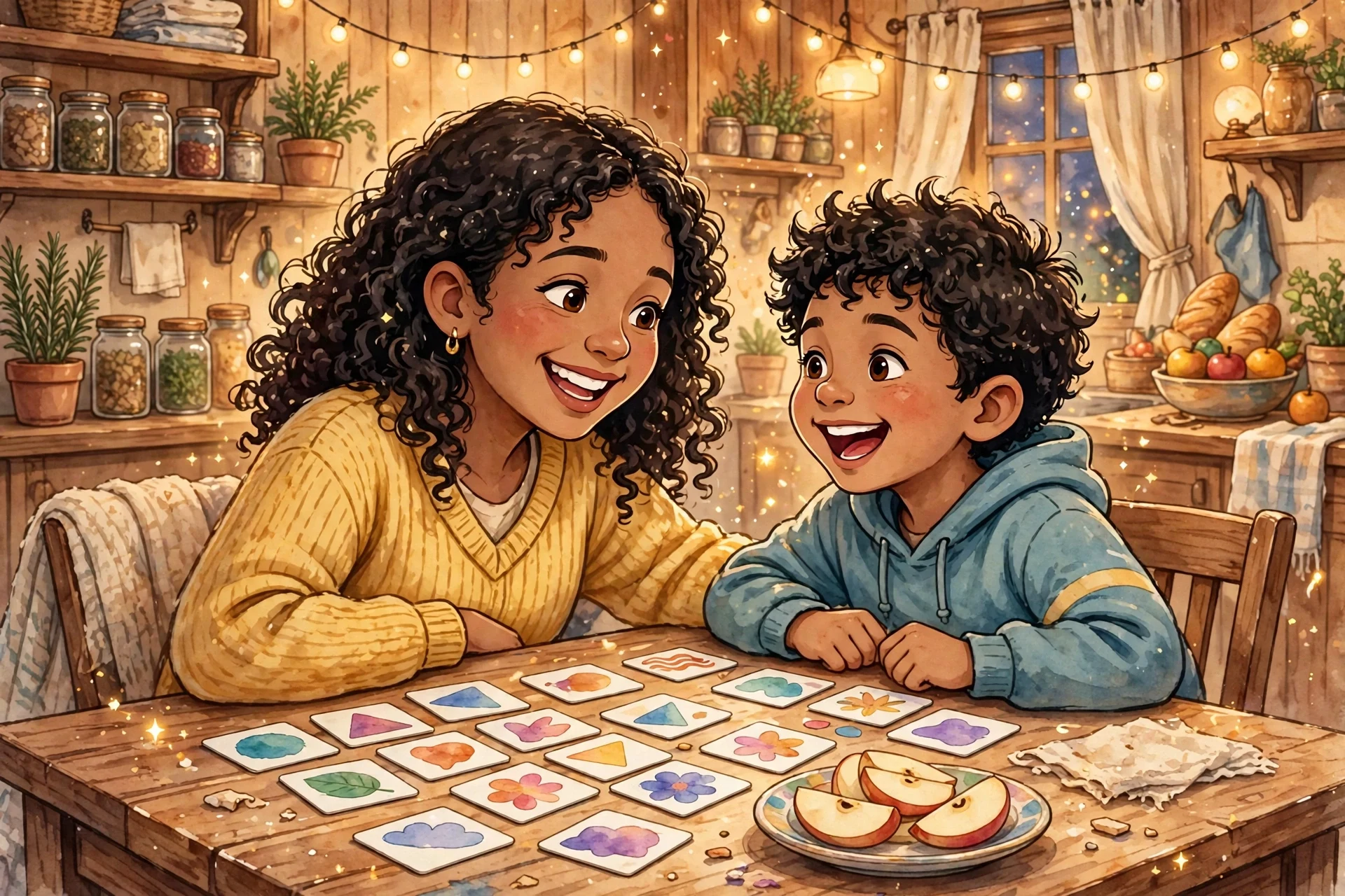 A parent calmly checking in with a child at the kitchen table about a math fact, no stopwatch in sight