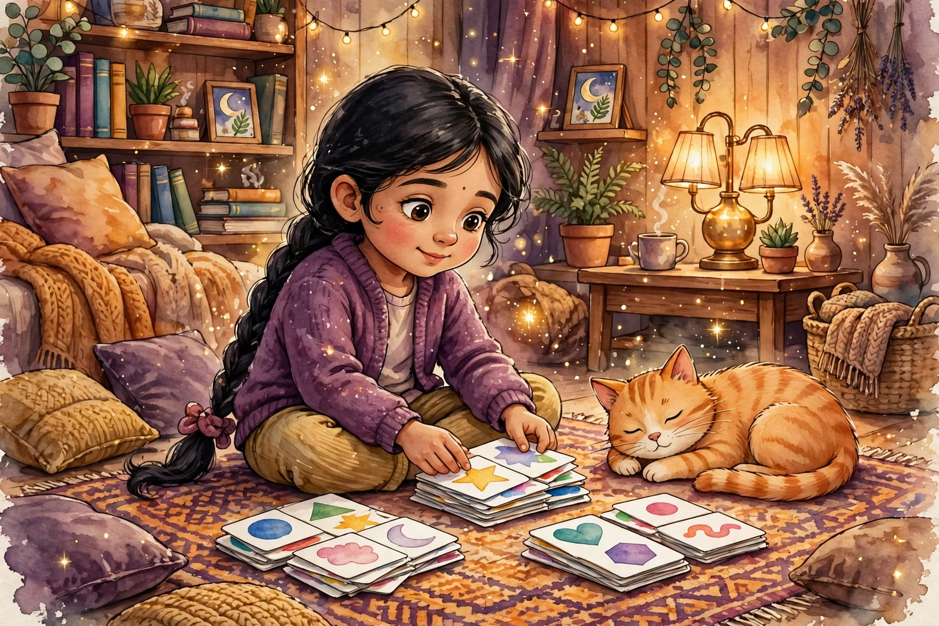 A child sorting multiplication flashcards into piles during calm, untimed practice at home