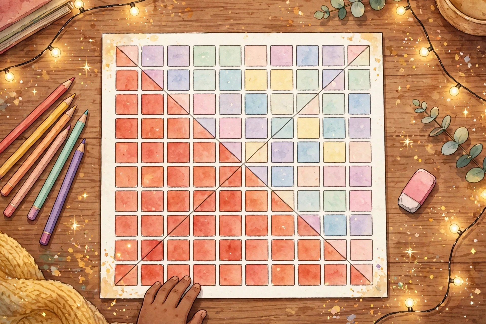 A times tables grid with the duplicate flipped facts shaded out, showing the smaller set that actually needs practice