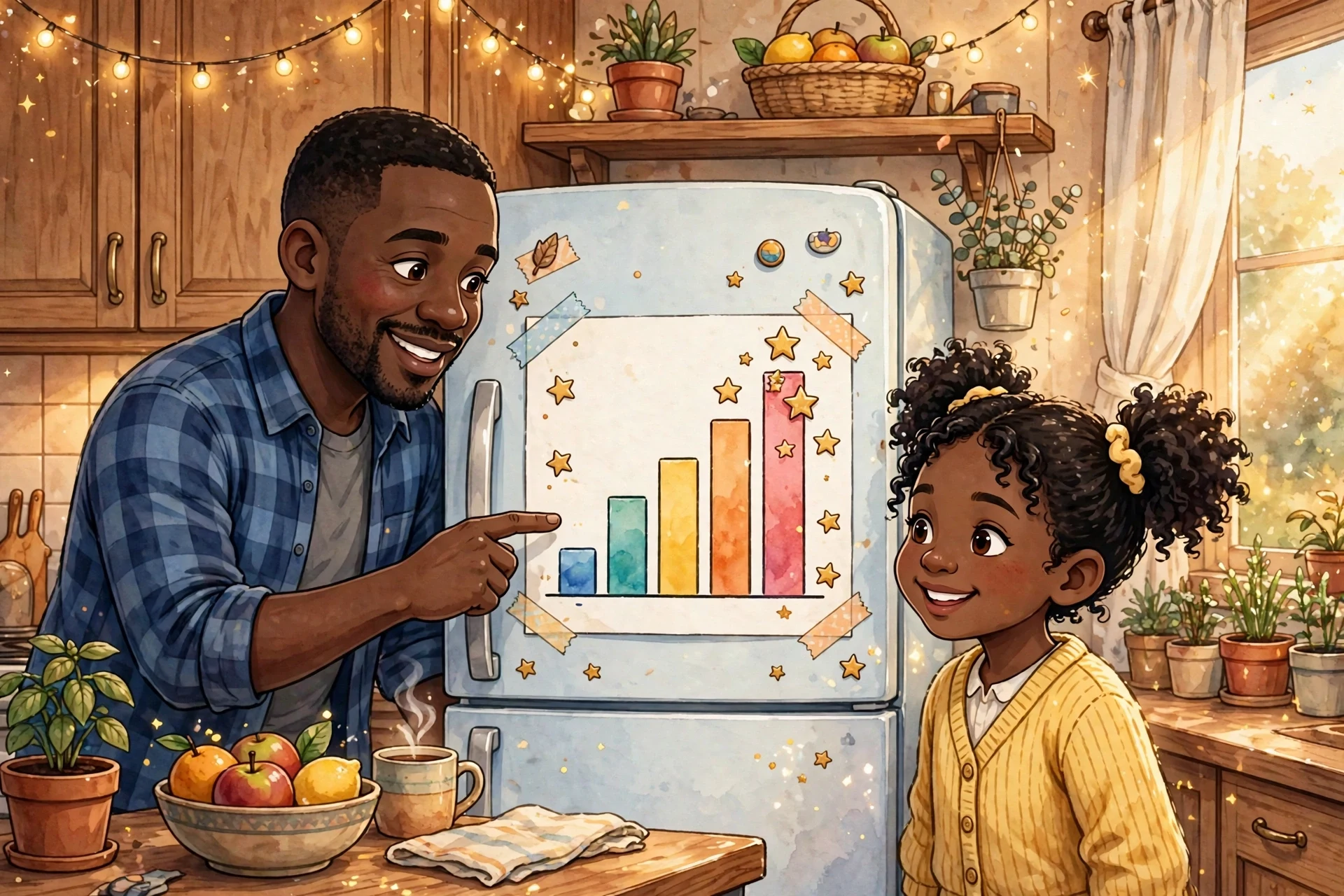 A reassuring parent and child looking at a simple times tables chart together, without stress