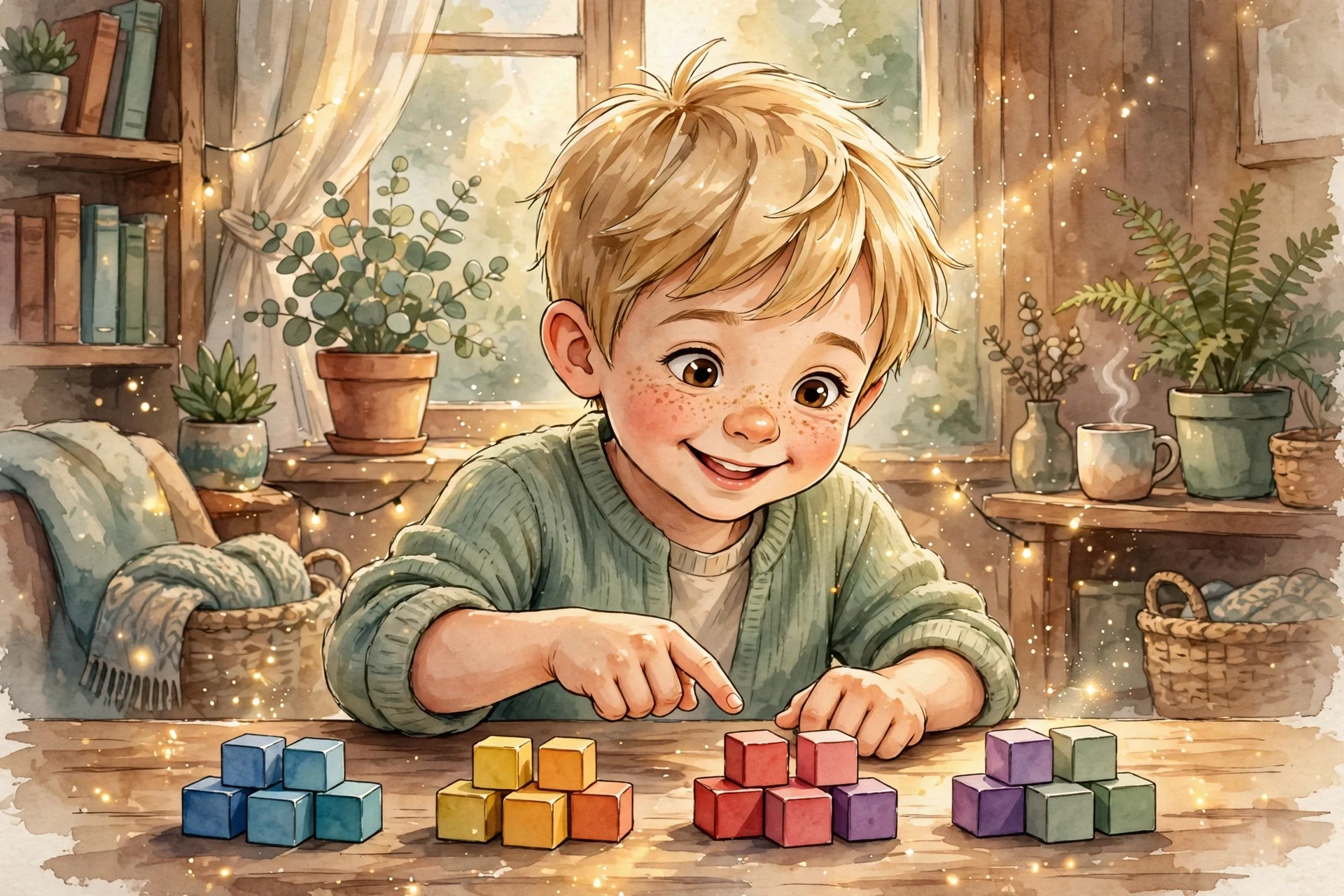 A young child arranging objects into equal groups and arrays as an early multiplication foundation