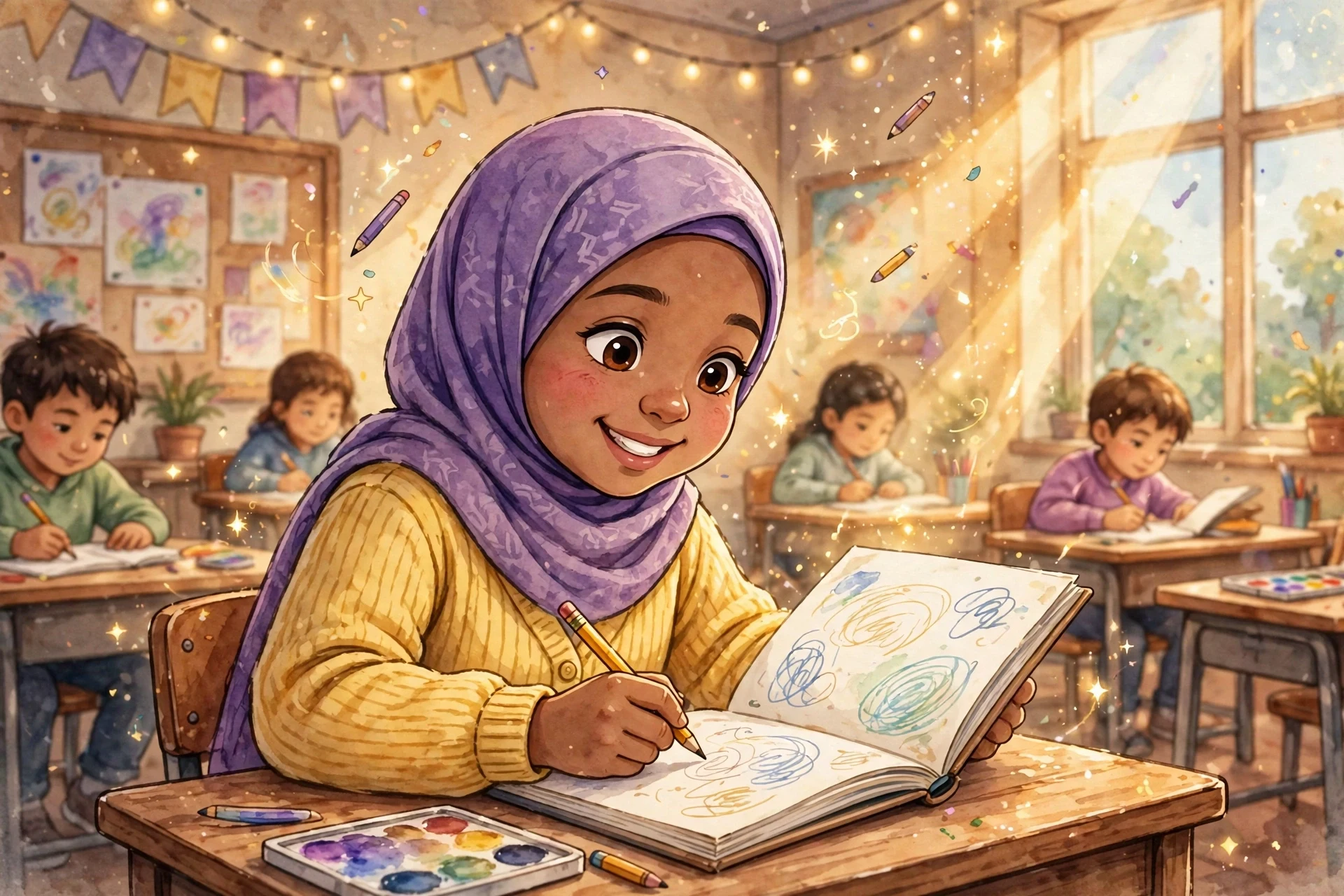A third grade classroom scene with multiplication facts displayed and a child practicing recall