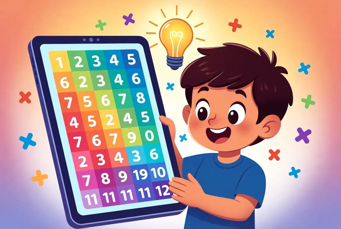 Color-coded times tables grid showing each multiplication table in its own vibrant color