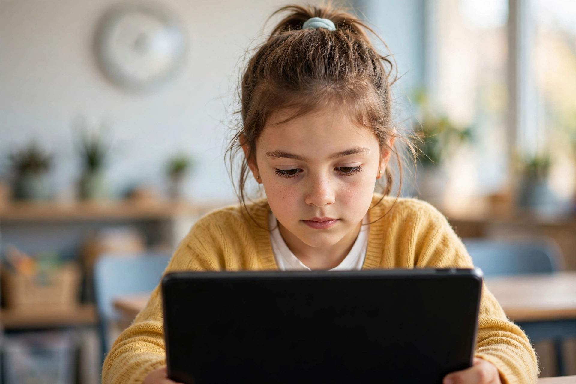 Child taking a timed multiplication quiz on a tablet, similar to the Multiplication Tables Check